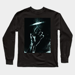 Digital collage and special processing. Person looking on his hand. Bizarre, dark. Grayscale and aquamarine. High contrast. Long Sleeve T-Shirt